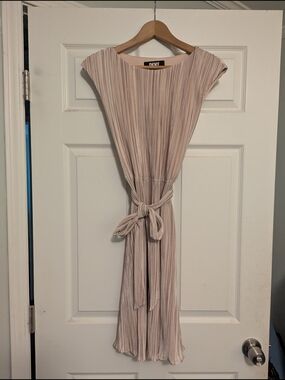 DKNY Blush/Pale Pink Pleated Midi Dress with Waist Tie